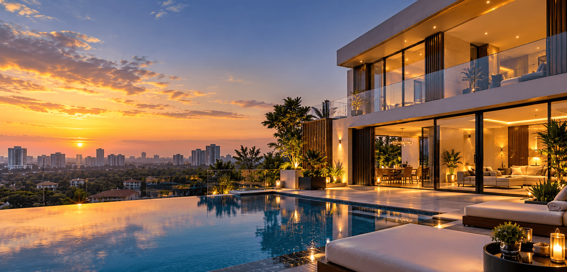 Modern villa with infinity pool and city view at sunset